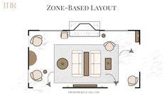 a floor plan for a living room with two couches and a coffee table in the middle