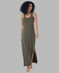 Racerback Maxi Dress with Built-In Bra - Soma Casual Stretchable Maxi Dress With Side Slits, Casual Maxi Dress With Side Slits And Stretch, Casual Maxi Dress With Stretch Fit And Side Slits, Casual Stretch Maxi Dress With Side Slits, Comfy Accessories, Soma Intimates, The Vanishing, Under Dress, Swim Skirt