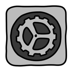 a black and white image of a gear wheel on a gray square with the word's logo