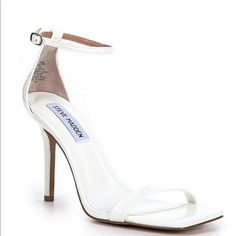 Steve Madden Square Toe With Ankle Strap Heels White Nwt Sleek White Sandals With Padded Heel, White Sleek Open Heel Heels, Sleek White Open Heel Heels, White Sleek Heels With Single Toe Strap, Sleek White Heels With Single Toe Strap, Sleek White Heels With Reinforced Heel, White Fitted Sandals With Heel Strap, Sleek White Synthetic Heels, Heels White