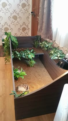 a wooden table topped with lots of plants and dirt in front of a window sill