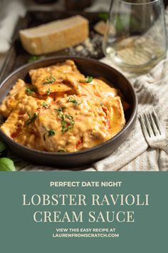 lobster ravioli cream sauce served in a bowl