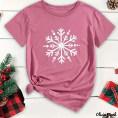 Olivia Mark - Plus Size Christmas Casual T-shirt, Women's Plus Snowflake Print Short Sleeve Round Neck Slight Stretch Top Christmas Burgundy, Christmas Yellow, Elegant Snowflake, Plus Size Christmas, Snowflake Print, Christmas Pink, Christmas Black, Christmas White, Printed Shirt Dress