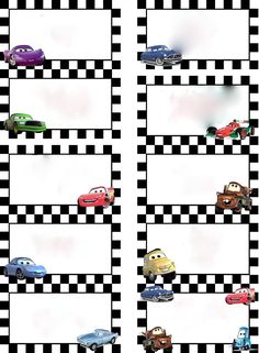 cars lined up on checkered black and white paper with the words disney pixas