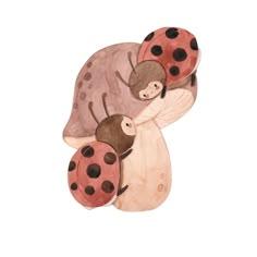 two ladybugs hugging each other on top of a mushroom in watercolor and ink