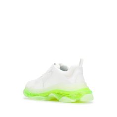 Balenciaga's white Triple S trainers are an avant-garde reworking of one of the label's cult styles. They're crafted from mesh and leather panels with an embroidered logo at the side, then set on a chunky fluorescent rubber sole.White/neon yellow Logo print to the sideRound toeFront lace-up fasteningPull-tab at the heel Chunky rubber soleComposition: Leather, mesh and leather panelsSole: Rubber 100%Lining: Fabric 100% Streetwear Custom Mesh Sneakers With Perforations, White Custom Sneakers With Translucent Outsole In Mesh, Custom White Mesh Sneakers With Translucent Outsole, White Designer Mesh Sneakers, Designer White Mesh Sneakers, Designer Custom White Sneakers With Translucent Outsole, The Bronx New York, Prada Tote Bag, Yellow Logo