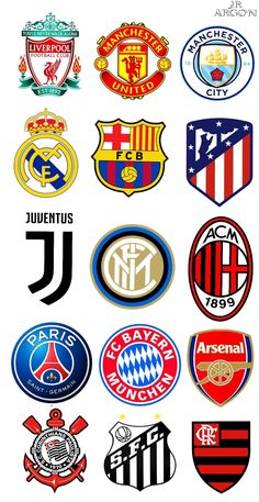 many different logos and emblems on a white background, including soccer teams from all over the world