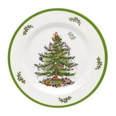 a green and white plate with a christmas tree on it