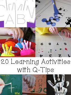 20 learning activities with q - tips for children to learn letters and numbers, including handprints