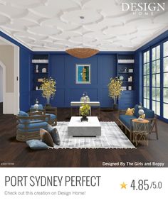 a living room with blue walls and white furniture in the center is featured on this ad