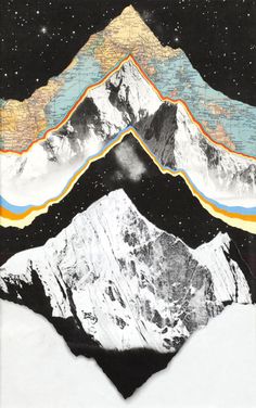 two mountains are shown with different colored lines on the mountain tops and below them is an image of snow capped mountains