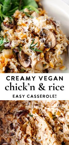 creamy vegan chicken and rice casserole with mushrooms