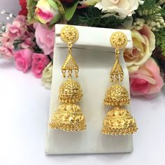 Handmade Jhumka Earrings 22ct Micro Gold Plated Earrings Indian jewelry Pakistan Jewelry  Length:3.5"Inches Approx  Traditional Indian Wedding Jewellery Slight Colour variations possible due to difference in screen and photograph  It is a perfect match with formal attire on special occasions or with casual wearing Care instructions Keep Jewellery away from direct heat, water, perfumes, deodorants and other strong chemicals as they may react with the metal or plating. The plating composition of J 22k Gold Earrings For Puja Navratri, 22k Gold Earrings For Puja During Navratri, 22k Gold Jhumkas For Navratri Celebration, 22k Gold Chandelier Earrings For Festivals, Traditional Gold Plated Jhumkas For Puja, Gold Jhumkas For Navratri Puja, Gold Bridal Earrings For Puja And Navratri, Gold Jhumkas For Puja And Navratri, Gold Dangle Jhumkas For Eid