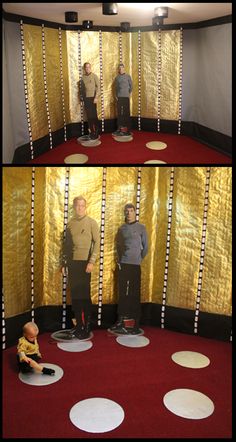 two pictures of people standing in front of a gold curtain with white circles on the floor