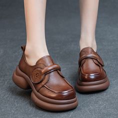 Women Retro Block Heel Handmade Leather Shoes Handmade Leather Shoes, Brown Leather Shoes, Loafer Slippers, Platform Loafers, Shoe Boot Sandals, Leather Conditioner, Round Toe Heels, Top Grain Leather, Rubber Heels