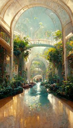 a painting of an indoor mall filled with lots of greenery