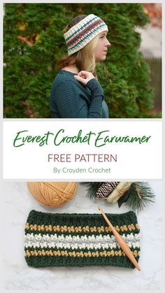 a woman wearing a crochet hat and scarf with text overlay that reads, every crochet earwarmer free pattern