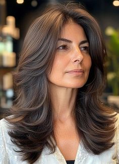 Achieve effortless sophistication with this layered brunette hairstyleThe soft layers add volume and movementperfect for a timeless and refined look. Dark Brown Hair Layers Medium, Everyday Eye Makeup Tutorial, Volume Haircut, Mom Haircuts, Natural Eye Makeup Tutorial, Everyday Eye Makeup, Medium Layered Hair, Brunette Color, Long Layered Haircuts