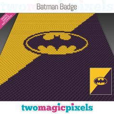 the lego batman logo is shown in yellow and purple, as well as an image of bat