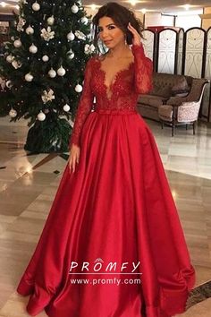 Scalloped Red Lace & Satin Long Sleeves Prom Dress Promfy Red Prom Dress Long, Red Lace Prom Dress, Formal Ball Gown, 파티 드레스, Satin Evening Dresses, Long Sleeve Prom, Elegant Prom Dresses, Long Prom Dresses, Red Prom