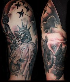 the statue of liberty tattoo on both arms is shown in black and grey ink, with an airplane flying over it