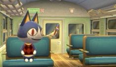 an animal crossing character is sitting in the train car with blue seats and wood flooring