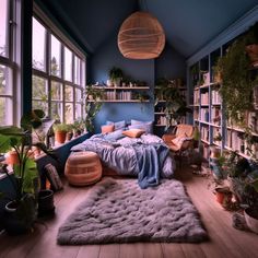 a room filled with lots of plants and bookshelves next to a large window