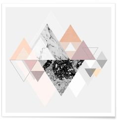 an abstract geometric design with marble and gold accents on a white wood background, featuring triangles