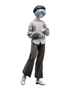 an anime character with blue hair and black pants, wearing a gray sweater and white shoes