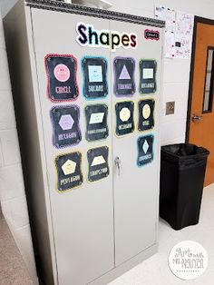 a white locker sitting next to a black trash can