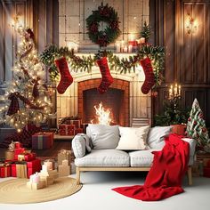 a living room decorated for christmas with stockings on the fireplace