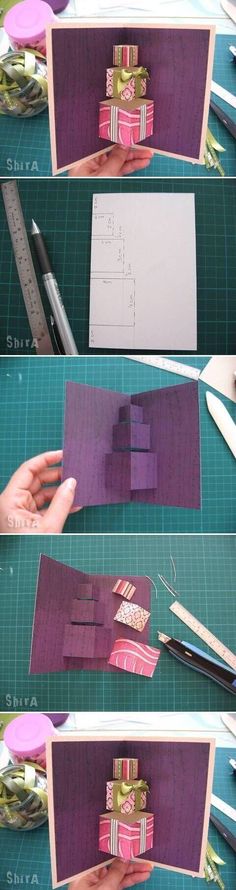 three pictures showing how to make an origami gift box