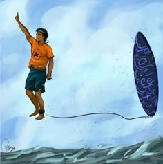 a man flying through the air on top of a surfboard under a blue cloudy sky