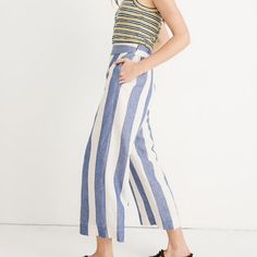 Swingy Wide-Leg Striped Pants In A Lightweight Mix Of Linen And Cotton. Polished Enough To Wear To Work, With A Pull-On Waistband To Make Them Pajamas-Level Comfy (Score, In Other Words). Runs Large, Tag Says Large But Fits Like An Xl. Fitted Through Hip, With A Wide Leg. Front Rise: 13 1/4"; Inseam: 22"; Leg Opening For Size Xs: 24 1/2". 55% Linen/45% Rayon. Machine Wash. Import. L8438 Blue High Waist Linen Wide Leg Pants, High Waist Blue Linen Wide Leg Pants, Chic Striped Linen Bottoms, Striped Linen Bottoms For Day Out, Chic Blue Linen Bottoms, Chic Blue Linen Pants, Cropped Wide Leg Trousers, Style Wide Leg Pants, Wide Leg Crop Pants