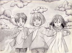 three young people standing in front of clouds