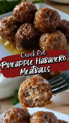 some meatballs are on a white plate with a fork in it and the words crock pot pineapple hasani ko meatballs