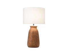 a table lamp with a white shade on it's base and a wooden base