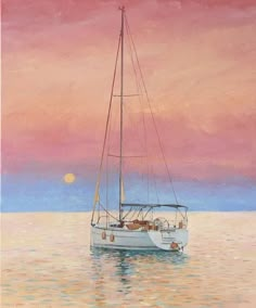 a painting of a sailboat on the water at sunset with pink clouds in the background