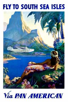 a woman sitting on top of a lush green hillside next to the ocean with a cruise ship in the background