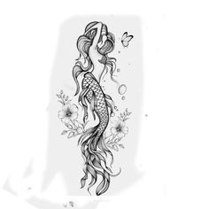 a black and white drawing of a mermaid with flowers