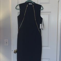 Tags Attached. Color: Navy Blue W Gold Zippers Sleeveless. Size 8 Great For Work Lined. Dry Clean Only. Shell: 63% Polyester, 33% Rayon, 4% Spandex Lining: 100% Polyester Blue Sleeveless Dress With Side Zipper, Blue Sleeveless Dress With Zipper Closure, Calvin Klein Sleeveless Lined Midi Dress, Klein Blue, Calvin Klein Dress, Calvin Klein Dresses, Gold Zipper, Womens Calvin Klein, Colorful Dresses