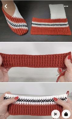 crocheted slippers are shown in three different pictures, one is red and the other is white