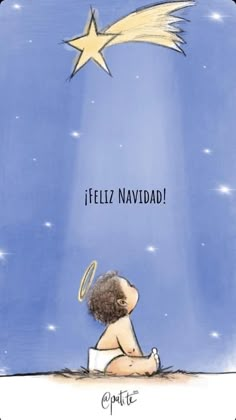 a child sitting on the ground looking up at a star above him, with caption in spanish