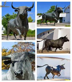 four different images of bull statues in front of a building