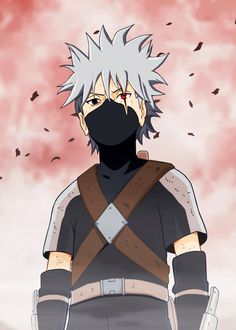 an anime character with grey hair and black eyes, wearing a face mask while standing in front of a cloudy sky