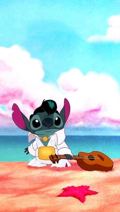 lili from disney's the little mermaid sitting in the sand with her guitar