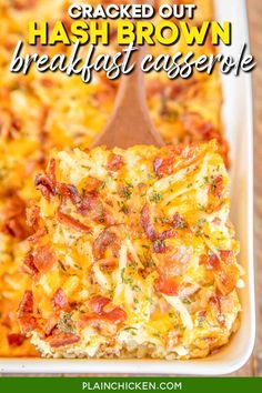 baked hashbrown breakfast casserole with text overlay