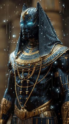 an egyptian man dressed in black and gold with his hands on his hips, standing in the rain