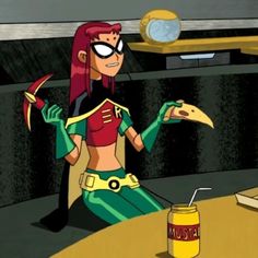 a cartoon character sitting at a table with pizza in front of her and a can of ketchup next to it