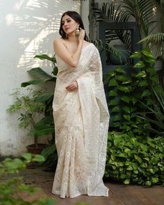 Fresh arrivals…. KT11💕💕💕 Pure soft Off-white silk organza saree with Lucknowi & silver zari touch up full heavy embroidered all over saree with cotton lace in saree border contrast silk matching blouse *RATE :- 1399/- freeship* (PREPAID ORDER ONLY)✅ #amazingfashion #saree #fashionstyle Off White Saree, Cutwork Saree, Ethereal Elegance, Cotton Saree Designs, Zari Embroidery, Organza Sarees, Saree Border, Heavy Embroidery